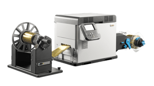 OKI Pro1050 label printer with unwinder and rewinder feeding a roll of label media